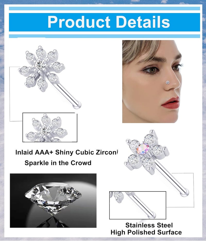 Tornito 9Pcs Nose Rings Stud L Bone Screw Shaped Nose Ring Flower CZ Snowflake Butterfly Screw Nose Stud Body Piercing Jewelry for Women Men 20G Silver Gold Rose Gold Tone - Image 3